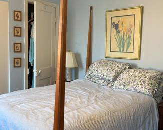 Full-size Wooden Bed Frame with Mattress and Striped Quilt