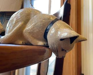 Ceramic Japanese Cat Figurine looking down (9.5” x 4.5”)