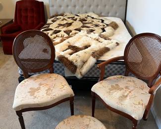 Pair of cane chairs with ottoman, queen size upholstered headboard with mattress and box springs, alpaca textiles