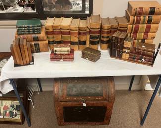 Antique law books and tea bin