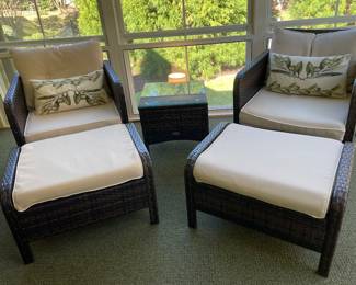 Out Sunny plastic wicker porch furniture.