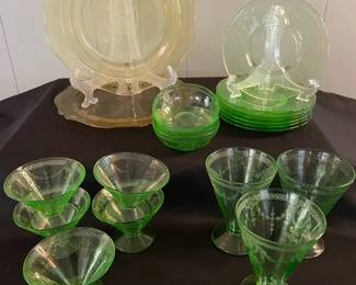 Green And Amber Yellow Depression Glass Goblets Plates And Bowls