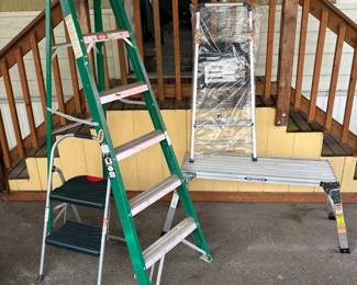 Ladder Lot With Werner Work Table And Brand New Step Ladder
