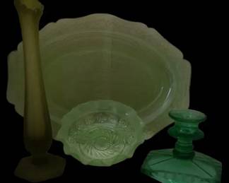 Vintage Depression Glass Lot Oval Tray Candy Dish Rosebud Vase Candleholder Green  Frosted Glass