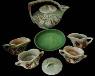 Vintage McCoy Pine Cone Tea Set  Green Glaze Ceramic Pottery 1940s  Teapot Creamers  Sugar Bowl