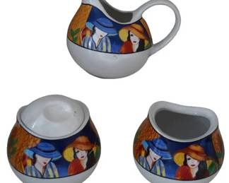 Sango Cafe Paris Creamer Sugar Set Colorful Art Deco Style 3Piece Ceramic Collection