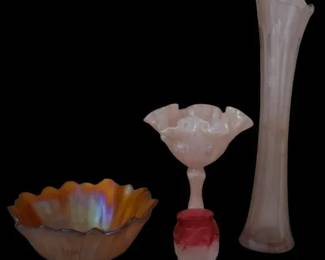 Vintage Glass Lot Fenton Iridescent Candy Dish Carnival Glass Bowl Cranberry Mini Vase Tall Vase