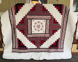 Handmade Queen Size Rose Embroidered Log Cabin Quilt