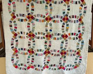 Vintage Hand Quilted Double Wedding Ring Quilt For Repair