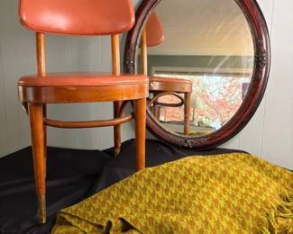Antique Hart Mirror With MCM Orange Chair And Wool Houndstooth Throw