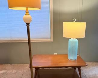 MCM Solid Maple Vintage Coffee Table With Blue Glass Lamp And Floor Lamp