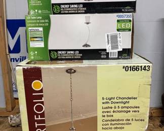 New In Box LED Table Lamps And 5 Light Chandelier With Downlight