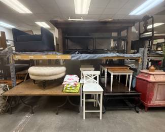 Blue side chair, bar stools, coffee tables, beach towels, tv stand, ottoman, outdoor table, vintage chair