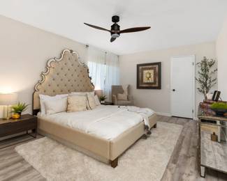 Cal King Bed Frame, Side tables, lamps, art, floor plants, linens, pillows