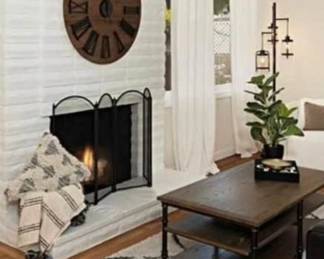 Throw Pillows, Tom Ford Book, Curtains, Coffee Table, Rug, Throw Blanets, Baskets, Greenery, Clock