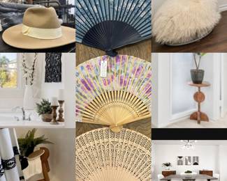 Vintage Fans, Shower Curtains, Stool, MCM Dining Table and Chairs, MCM Side Table, Pottery Barn Teen Fur Poof, Womens Fedora