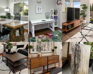 Vintage Dining Table, Desk and bookcases, custom acacia tv stand, coffee table, crate and barrel 