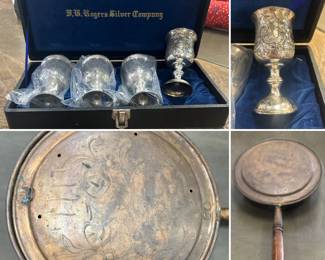 F.W. Rogers Silver Co goblets, antique bed warmer from England
