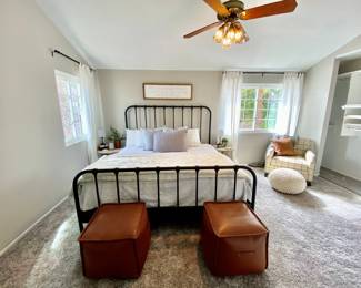 Queen Size Farmhouse Bed Frame, Curtains, Linens & Pillows.