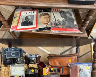 40's-60's Vintage Magazines, Time, Life, Liberty, Post. Antique Cameras - Polaroid Automatic, Kodac, Retina, Camera Bag.