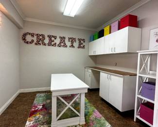 White Desk and 2 Matching Bookcases, colorful bin storage, rug