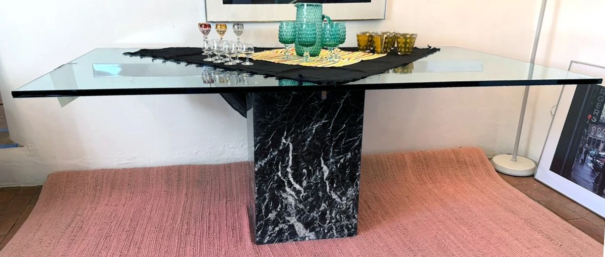 1960s Artedi Italian marble dining table base with glass top
