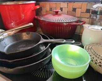 Cast iron, Fire King bowls, enamelware Dutch oven