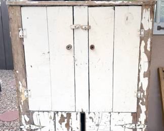 Assorted shabby chic/rustic cabinets, hutches, bookcases, chairs + side tables