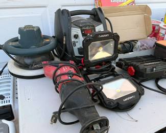 Rigid sander
Husky work lights
Skil saw
Schumacher Instant Portable Power
Ryobi sander
