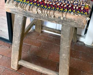 African beaded belts, vintage wooden stool