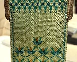 Collection of Art Deco enameled metal mesh chatelaine purses (Mandalian), including one Edwardian cut steel + leather bag and one beaded bag