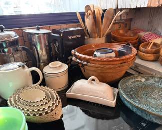 Kitchenwares, including Mexican ceramic cazuelas