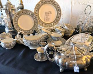 Wedgewood Florentine dishware + silver plate serving pieces