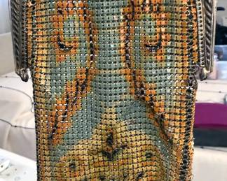 Collection of Art Deco enameled metal mesh chatelaine purses (Mandalian), including one Edwardian cut steel + leather bag and one beaded bag