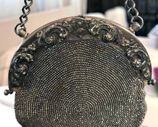 Collection of Art Deco enameled metal mesh chatelaine purses (Mandalian), including one Edwardian cut steel + leather bag and one beaded bag