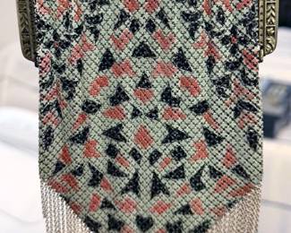 Collection of Art Deco enameled metal mesh chatelaine purses (Mandalian), including one Edwardian cut steel + leather bag and one beaded bag