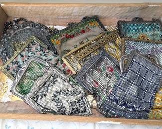 Collection of Art Deco enameled metal mesh chatelaine purses (Mandalian), including one Edwardian cut steel + leather bag and one beaded bag