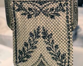 Collection of Art Deco enameled metal mesh chatelaine purses (Mandalian), including one Edwardian cut steel + leather bag and one beaded bag