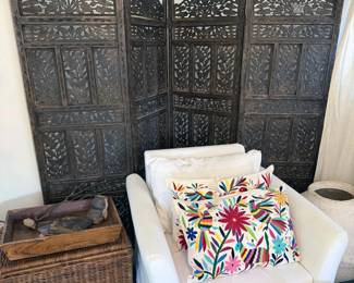 Carved wooden screen + armchair