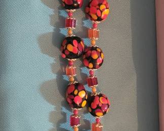 Vintage Japanese Art Glass Orange Polka Dot Necklace and earrings Clasp Signed Japan