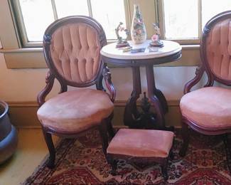 AUTHENTIC Beautiful pair authentic Victorian East Lake chairs marble Center table and matching stool