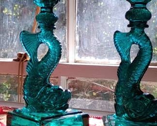 PR. Vintage Imperial MMA Metropolitan Museum of Art
Koi Dolphin Fish Glass Candlesticks 11” Teal Green Sandwich