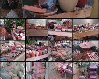 Conservatory/Aviary has its own heating and air unit; that adjoins the main house. This space once housed beautiful tropical plants and birds. Now filled with potting tables full of interesting statuary Planters and other items to decorate gardens etc.