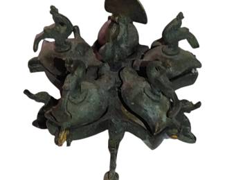 Kumkum or spice box.
It is typically made of cast brass with intricate designs featuring peacocks and sometimes elephants.
Made in Nepal