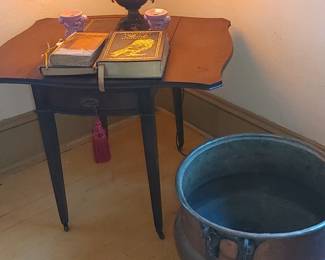 antique Pembroke table drop-leaf table  copper cauldron on the floor