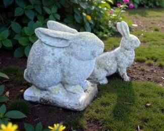 Antique all concrete rabbits bunnies garden statues
Large w base 
Smaller No base 
