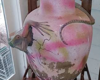 VERY LARGE POTTERY JAR WITH LIZARD/ iguana in relief coming out of pot