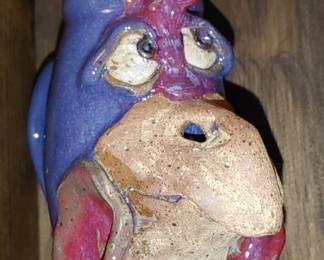 Folk art Rooster chicken pottery pitcher face jug