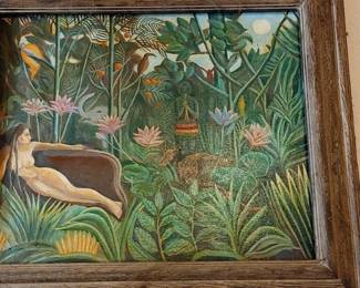 Copy of Oil on Canvas painting titled The Dream (French: Le Rêve), created by the French Post-Impressionist painter Henri Rousseau in 1910. 
It is one of Rousseau's more than 25 "jungle" paintings, a theme inspired by his visits to the natural history museum and botanical gardens in Paris, rather than actual travel. 
I believe my brother did this painting. He was a very talented artist. I'll have to get it down and check for a signature. 