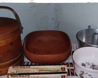 Antique Firkin Primitive Wooden Sugar Bucket with Handle Far left
85.00